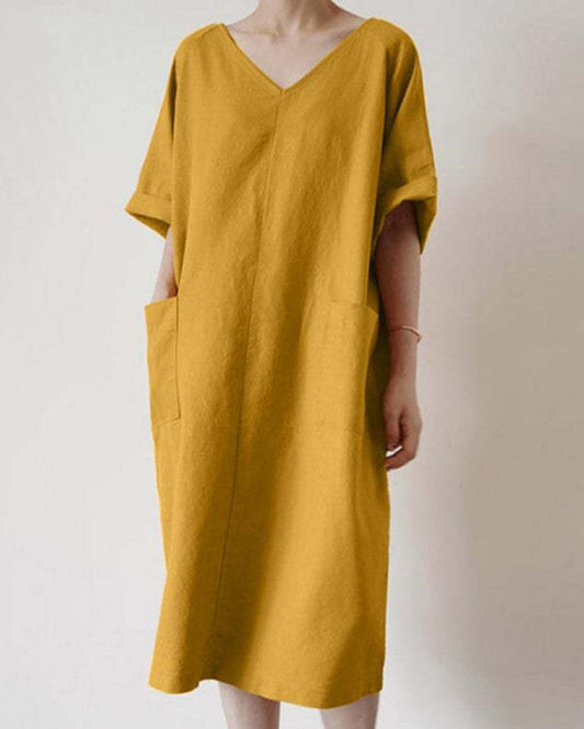 NTG Fad COTTON CASUAL SOLID COLOR LONG WOMEN'S LOOSE V-NECK SUNDRESS