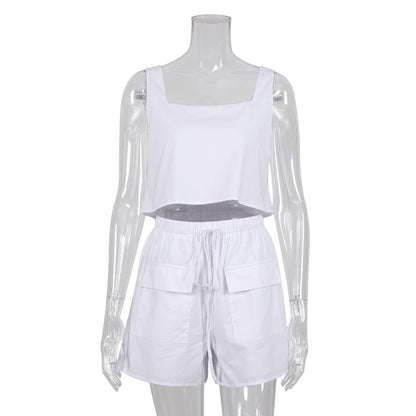 NTG Fad Cotton Linen Shorts Casual Suit Vest Double Pocket Retro
