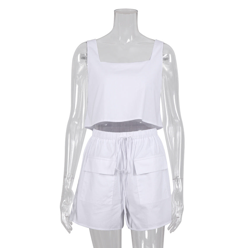 NTG Fad Cotton Linen Shorts Casual Suit Vest Double Pocket Retro