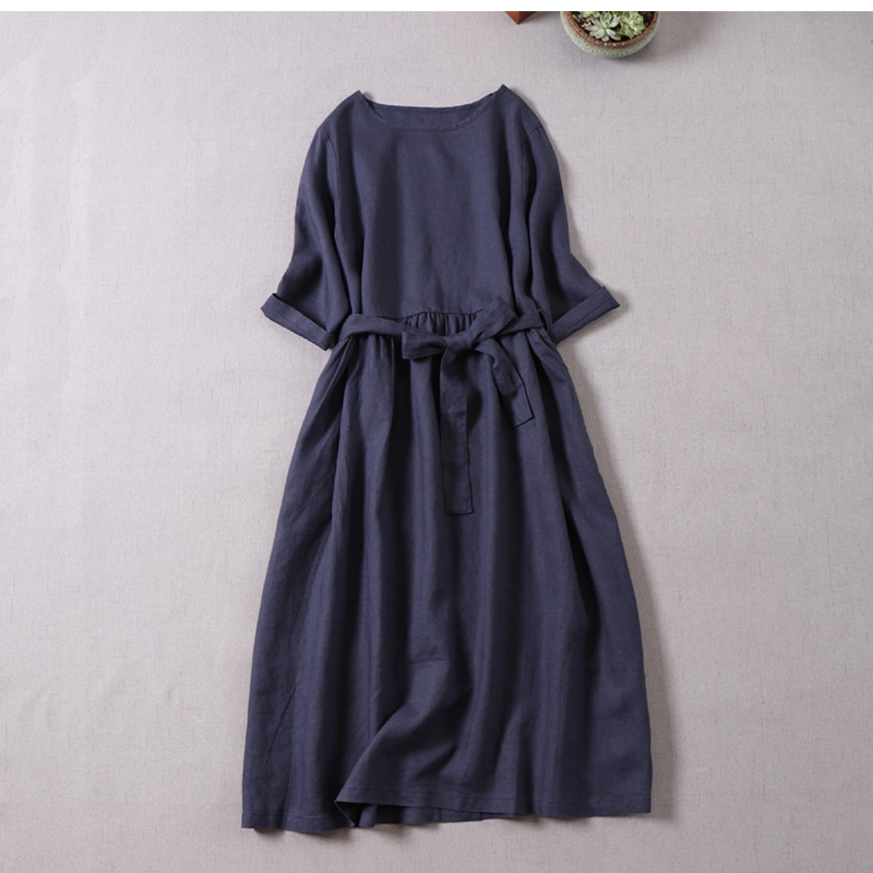 NTG Fad dark blue / M Cotton Linen Summer Women Dress Casual  O-Neck Dress With Belt