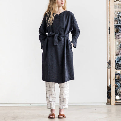 NTG Fad dark blue / S Chic 100% Linen Women Coats Vintage Jacket Casual Long Sleeve Overcoat Female Outerwear