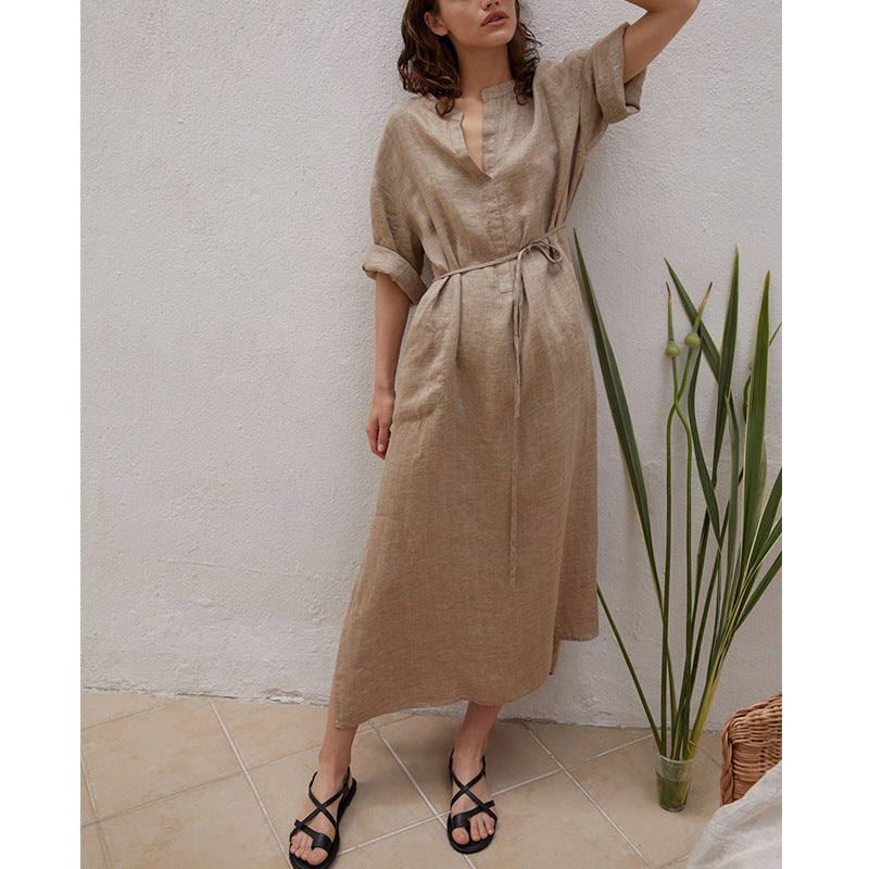 NTG Fad Dark Brown / S Casual 100% Linen French Dress Women Elegant O-Neck Holiday Beach Long Party Club Dress With Sashes Ropa Mujer Talla Grande