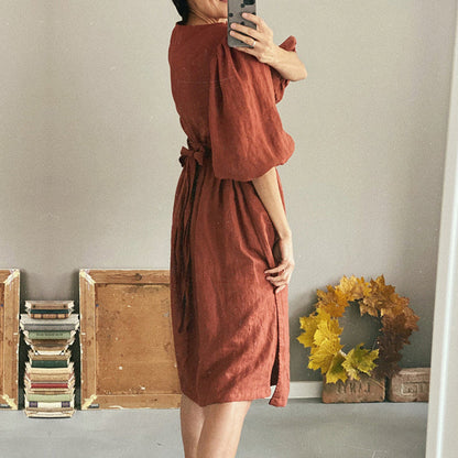 NTG Fad Elegant Cotton Linen Sexy V-Neck Puff Sleeve Dresses With Pockets