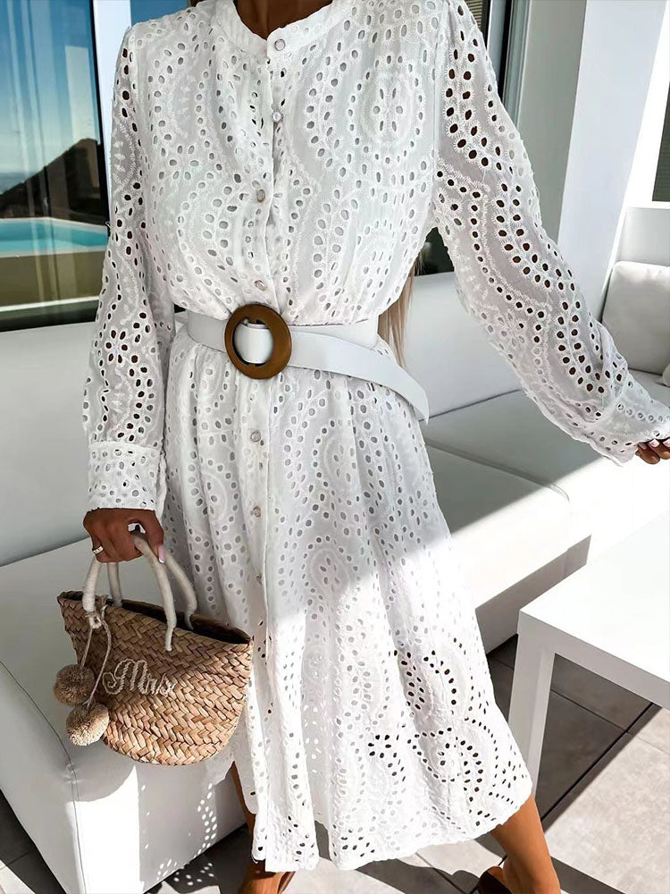 NTG Fad Elegant Hollow Out Lace Solid  Dress Office Lady Slit Button Shirt Dress Summer Spring Long Sleeve Tennis Beach Dresses Robe