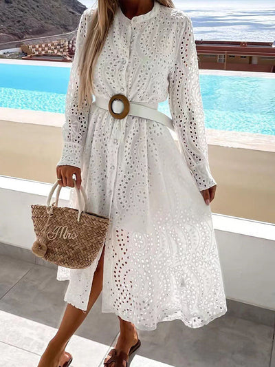 NTG Fad Elegant Hollow Out Lace Solid  Dress Office Lady Slit Button Shirt Dress Summer Spring Long Sleeve Tennis Beach Dresses Robe