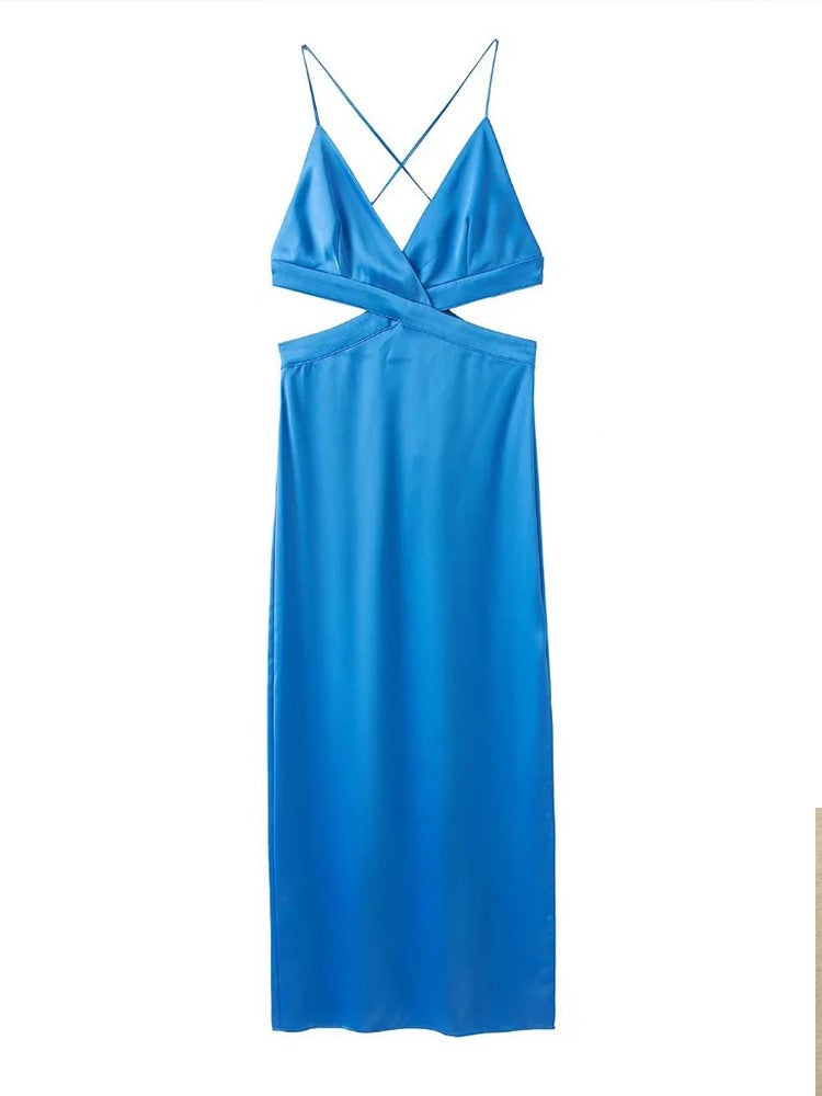 NTG Fad Fashion Cutout Design Silk Satin Female Vintage Sleeveless Suspenders Dress