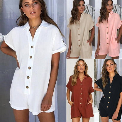 NTG Fad Fashion Women's Solid Color Lapel Shirt Button Jumpsuit