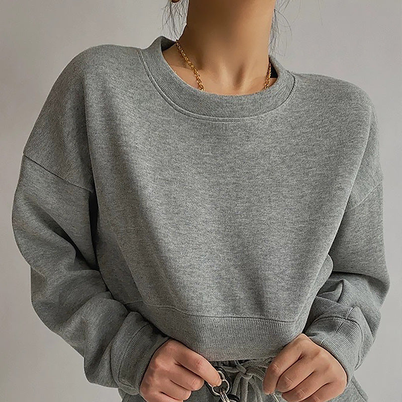 NTG Fad gray / S Chic 100% Cotton Women Cropped Sweatshirts Casual Loose Long Sleeve O-Neck Asymmetrical Female Hoodies Harajuku Pullover