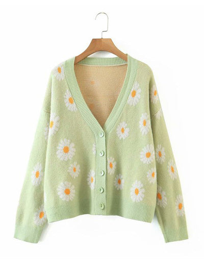 NTG Fad Green 2 / one size Autumn College Cardigans Sweater Women Loose V Neck Flower Green Sweater Female Short Cute Casual Sweaters