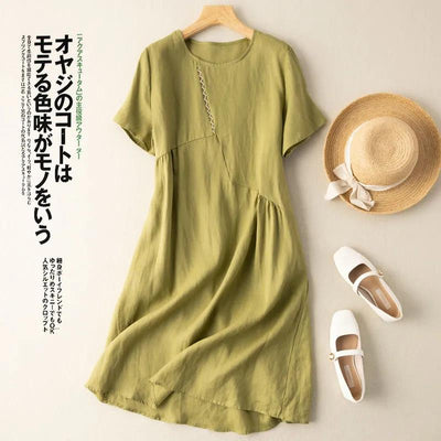 NTG Fad green / M Cotton Linen Women Dress Casual O-Neck Short Sleeve Patchwork Harajuku Party Club Sundress Vestido