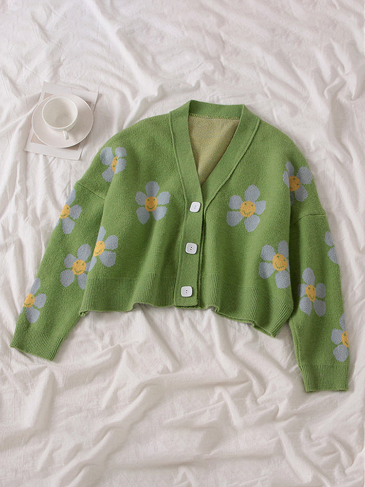 NTG Fad green / one size Autumn College Cardigans Sweater Women Loose V Neck Flower Green Sweater Female Short Cute Casual Sweaters