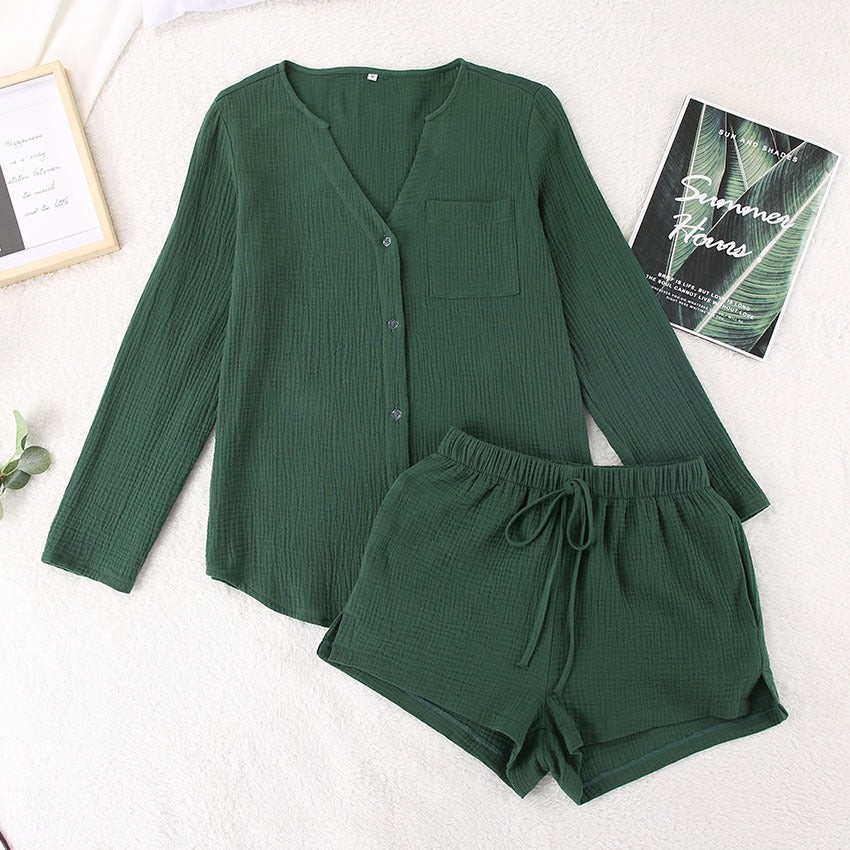 NTG Fad green / S 100% Cotton Elegant Two Piece Sets Womens Outifits Long Sleeve Button Up Tops + Shorts Set Casual Homewear Suits