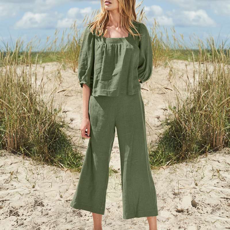 NTG Fad green / S Cotton Women'S Suits Women 2022 Khaki  Vintage Square Collar Tops + Wide Leg Pants Sets 2 Pieces Outfits