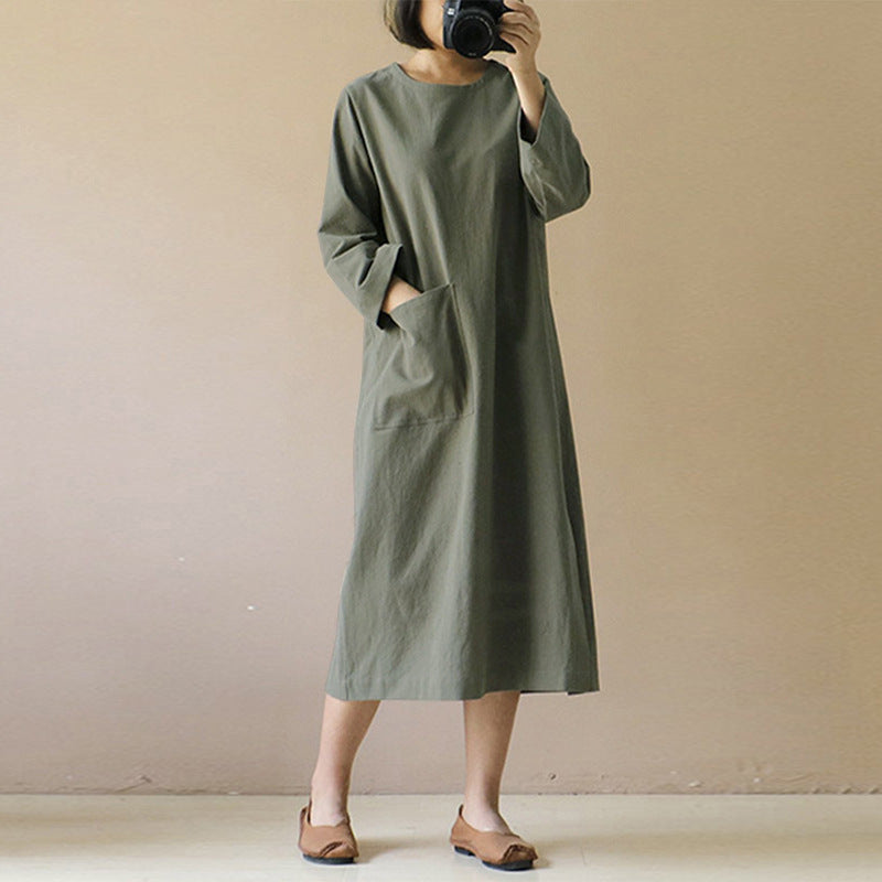 NTG Fad Green / S S-5XL Loose Cotton Linen Women Midi Dress Casual Long Sleeve Split Female Spring Autumn Robe Pocket Sudress 120850WLA