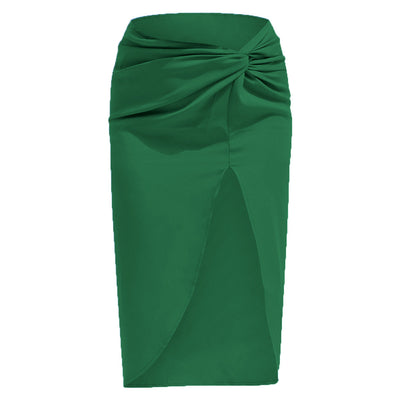 NTG Fad Green / S Summer Solid Color Satin Split Bodycon Office Lady Club Sexy Midi Skirts