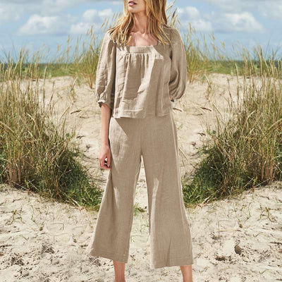 NTG Fad khaki / S Cotton Women'S Suits Women 2022 Khaki  Vintage Square Collar Tops + Wide Leg Pants Sets 2 Pieces Outfits
