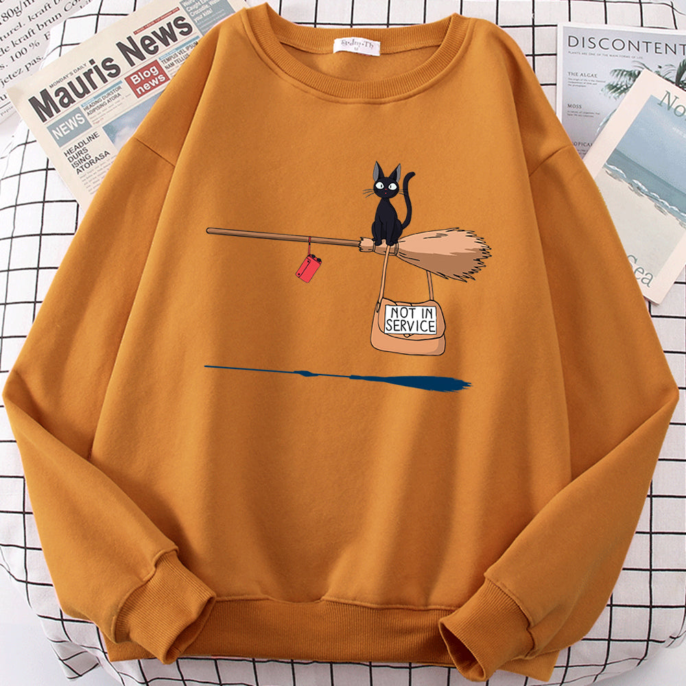 NTG Fad Khaki / S Cute Cat Not In Service Print Hoodies Women Casual Crewneck Sportswear Fleece Warm Fleece Sweatshirt Loose Hoody Autumn Clothes