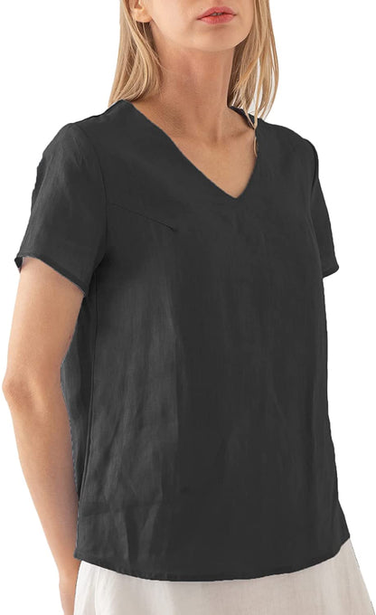NTG Fad L / Black 100% Linen Blouse Short Sleeve Shirt