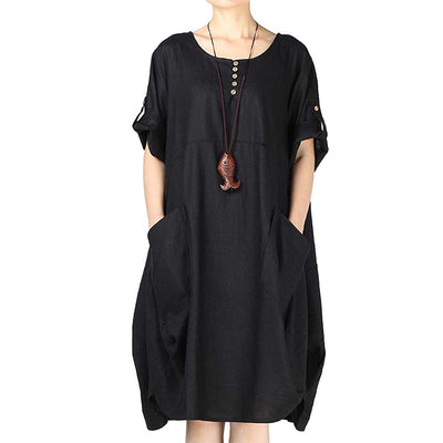 NTG Fad L / Black Cotton Linen T-Shirt Knee-Length Dress