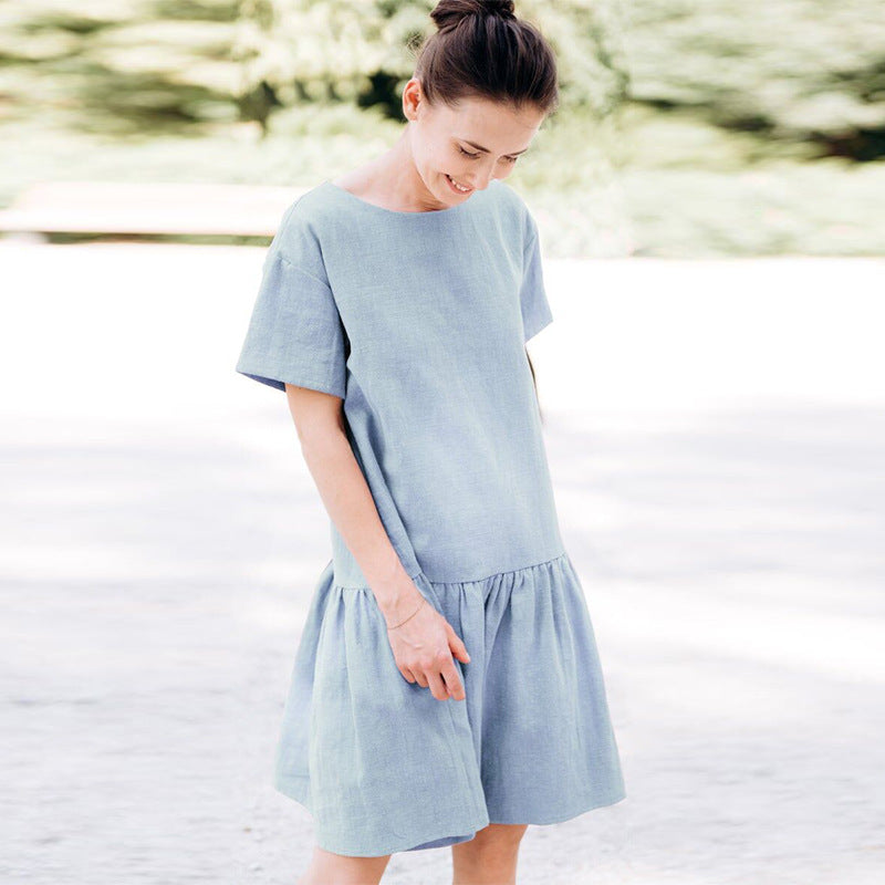 NTG Fad Light  Blue / S Casual Cotton Linen Elegant Solid Short Sleeve Sweet Ruffles Summer Dress