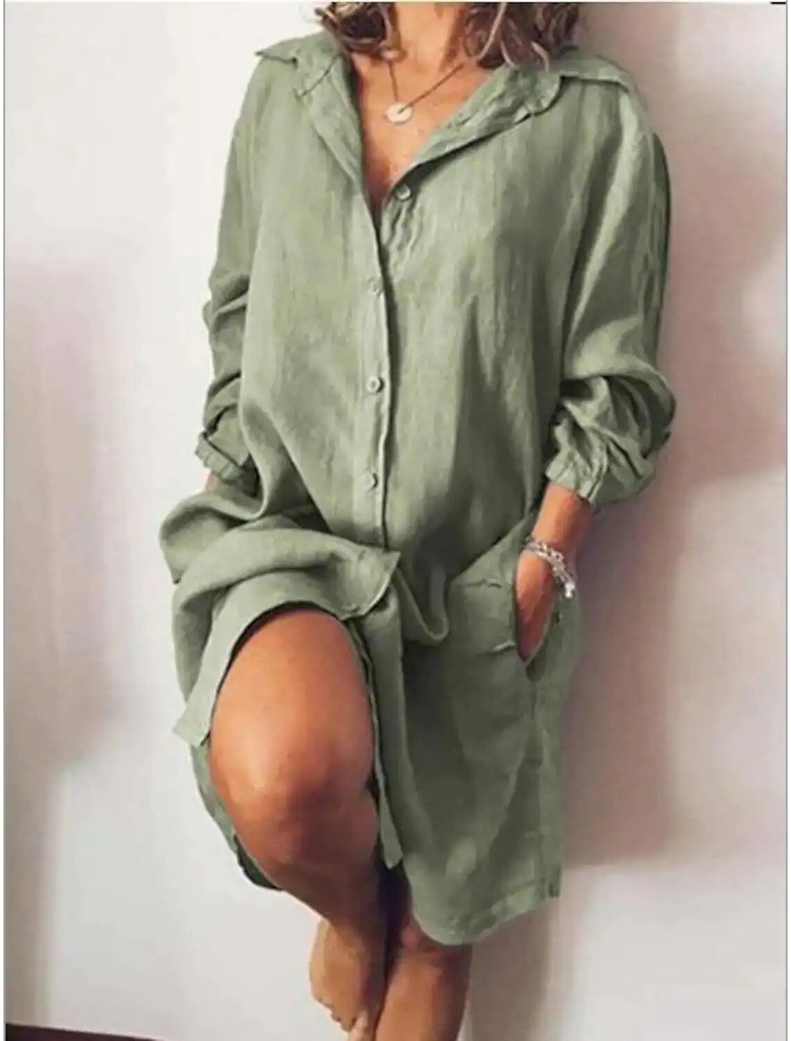 NTG Fad light green / S 2022 Autumn Cotton Linen Women's Shirt Dress Long Sleeve Solid White Casual Dresses Female Summer Fashion Loose Ladies Clothes