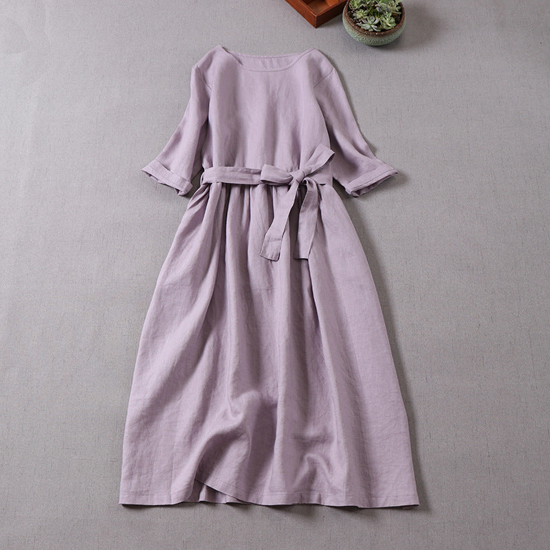 NTG Fad light purple / M Cotton Linen Summer Women Dress Casual  O-Neck Dress With Belt