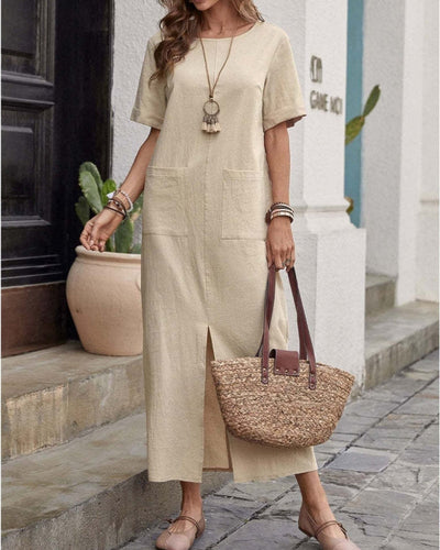NTG Fad Linen Cotton Pocket Retro Fashion Style Tunic Long Dress