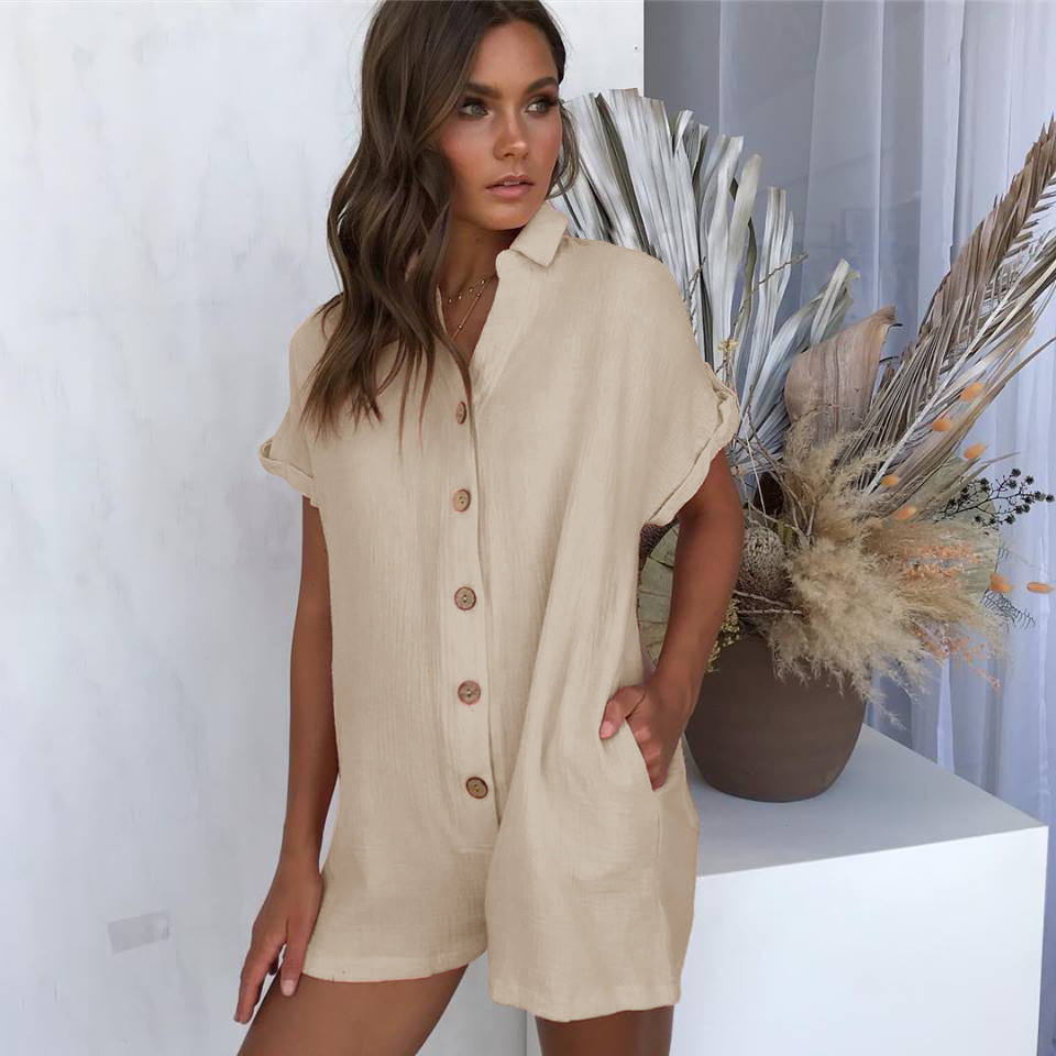 NTG Fad Linen Fashion Women's Solid Color Lapel Shirt Button Jumpsuit
