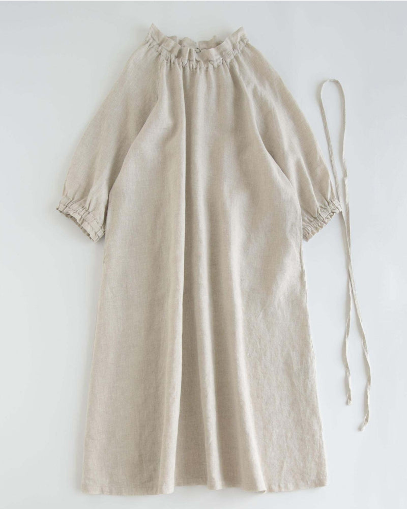 NTG Fad Linen Fungus-Trimmed Tie-Waist Loose A-Line Maxi Dress