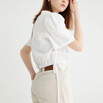 NTG Fad Linen Short Sleeve Niche Loose Cropped Lace-Up Top