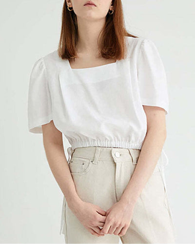 NTG Fad LINEN SHORT SLEEVE NICHE LOOSE CROPPED LACE-UP TOP