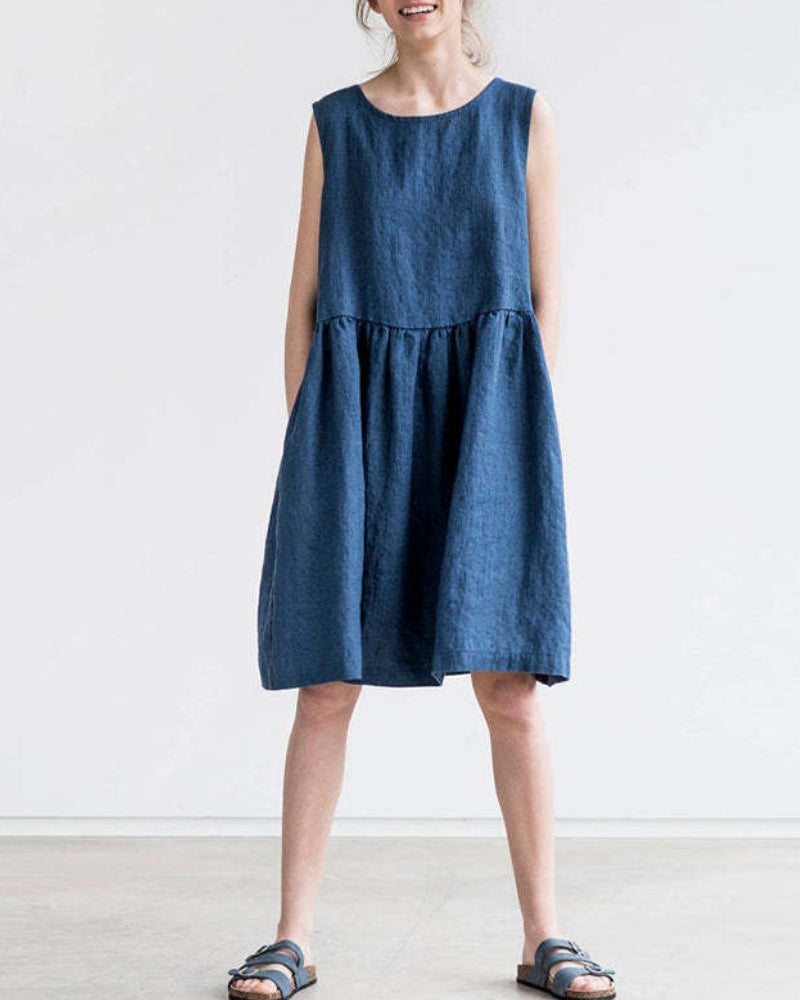 NTG Fad LINEN SLEEVELESS O-NECK HIGH WAIST  A LINE LADIES DRESS