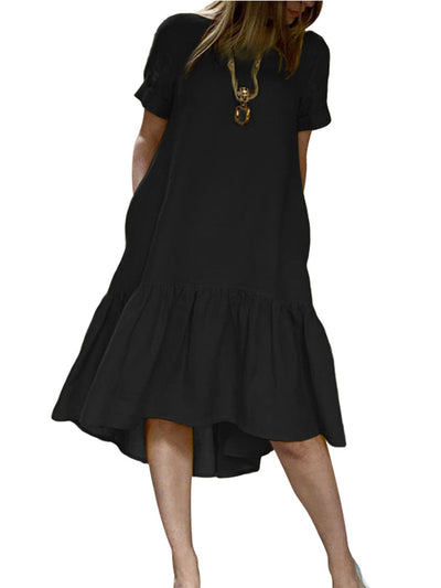 NTG Fad M / A-Black Cotton Women Dress Holiday Summer  Short Sleeve Sundress Solid