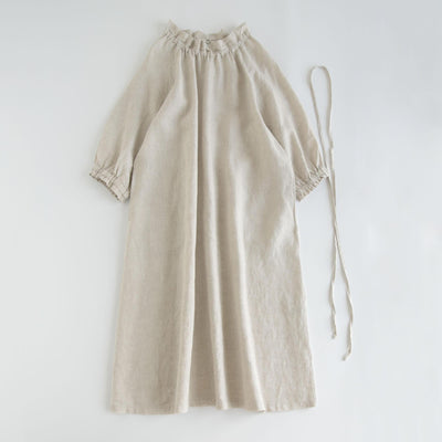 NTG Fad M / Beige Linen Fungus-Trimmed Tie-Waist Loose A-Line Maxi Dress