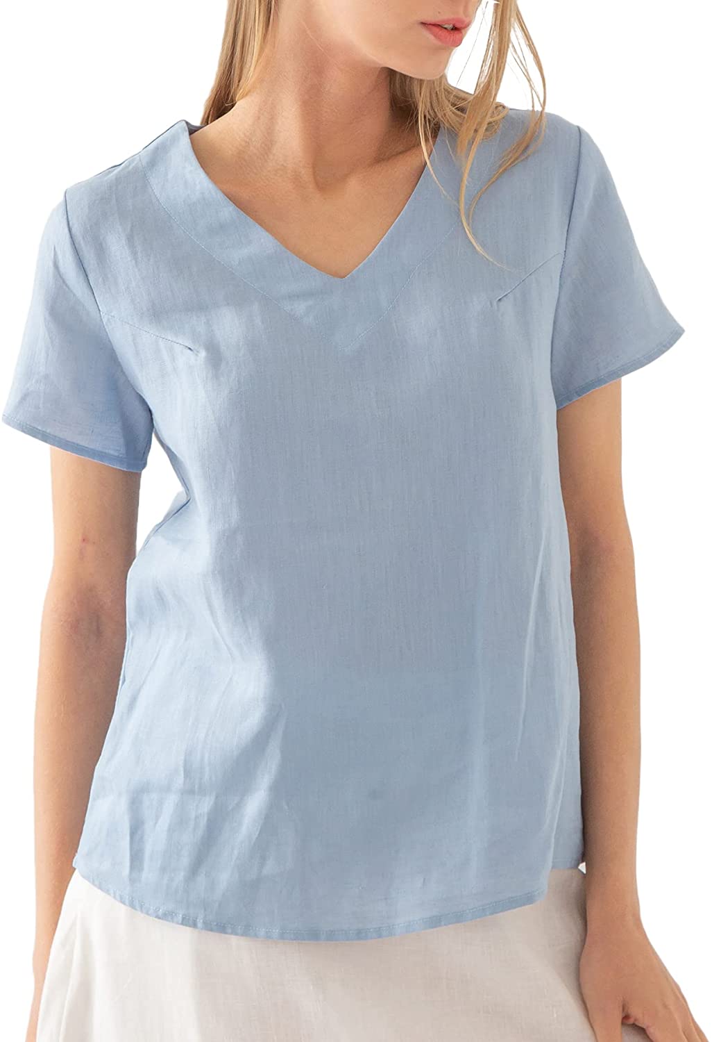 NTG Fad M / Blue 100% Linen Blouse Short Sleeve Shirt