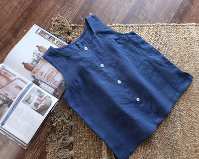 NTG Fad M / Blue Cotton Linen Top For Women Casual Sleeveless Button Up Summer Women Tank Top