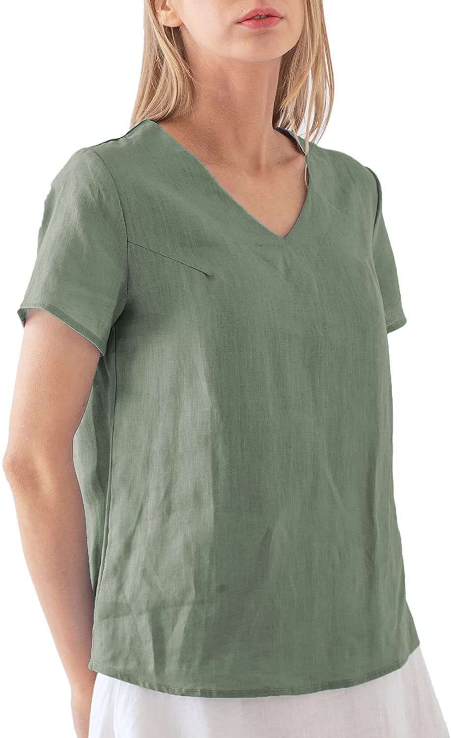 NTG Fad M / Green 100% Linen Blouse Short Sleeve Shirt