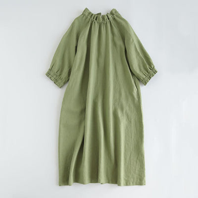 NTG Fad M / Green Linen Fungus-Trimmed Tie-Waist Loose A-Line Maxi Dress