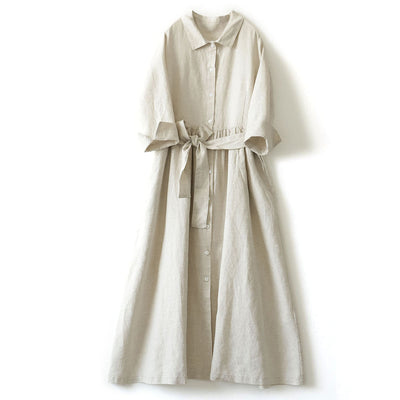 NTG Fad M / Linen Pure Linen Lapel Shirt Literary Women's Long Dress