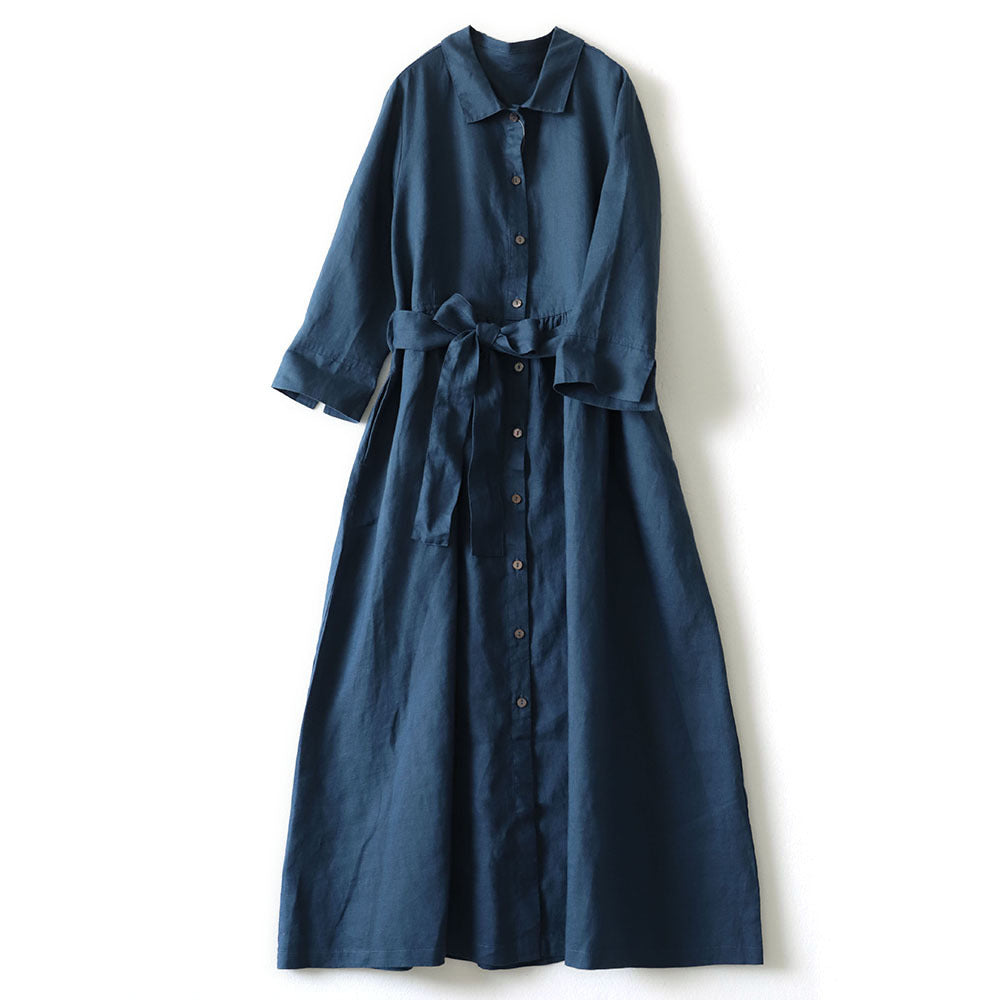NTG Fad M / Navy Blue Pure Linen Lapel Shirt Literary Women's Long Dress