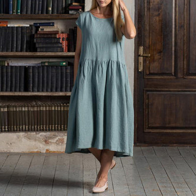 NTG Fad M / picture color Vintage Cotton Linen Women Dress Casual Loose O-Neck Short Sleeve Fashion  Maxi Dress