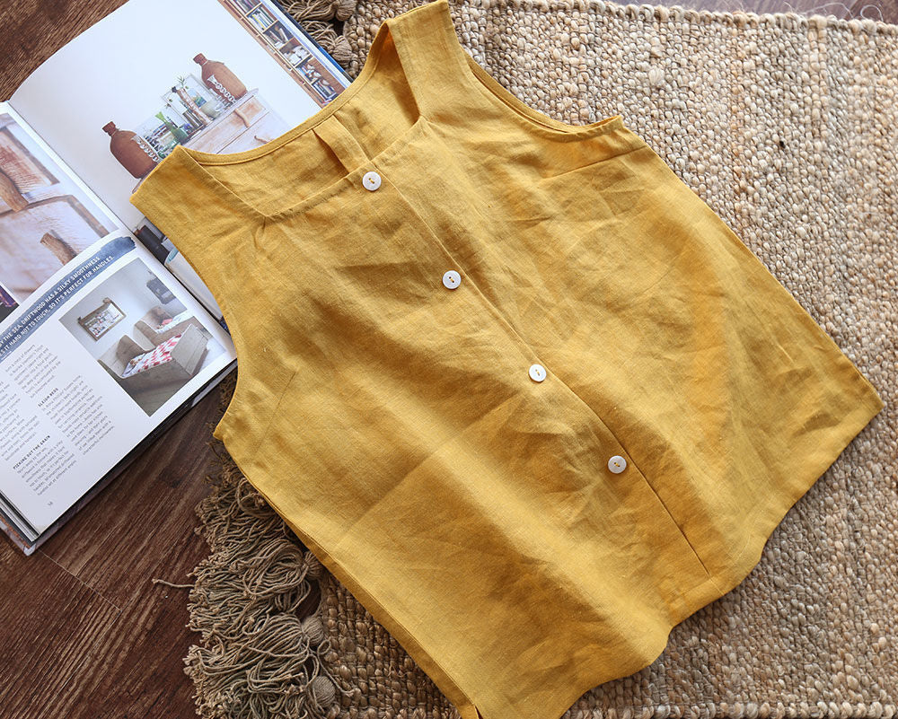 NTG Fad M / Yellow Cotton Linen Top For Women Casual Sleeveless Button Up Summer Women Tank Top