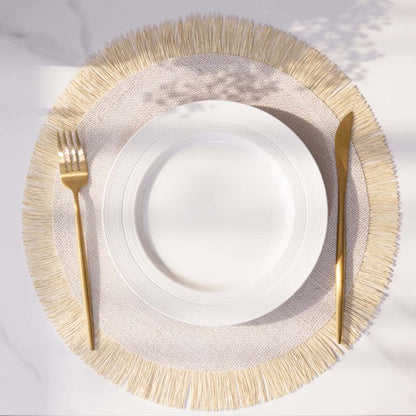 NTG Fad Mcao Round Placemats Set of 4 Tassels Table Mats Linen Woven Heat Proof &amp; Washable Kitchen for Dinner Wedding Decorations TJ6128