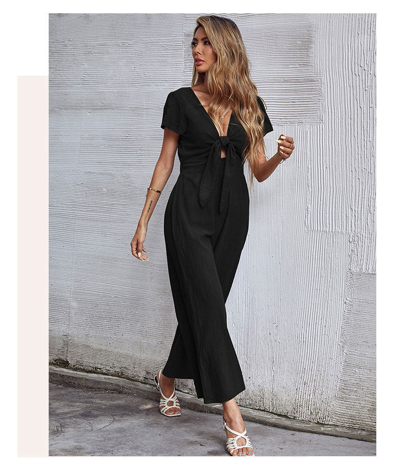 NTG Fad New Casual Cotton and Linen Sexy Hollow V-neck Nine-point Wide-leg Jumpsuit