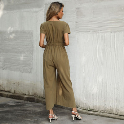 NTG Fad New Casual Cotton and Linen Sexy Hollow V-neck Nine-point Wide-leg Jumpsuit
