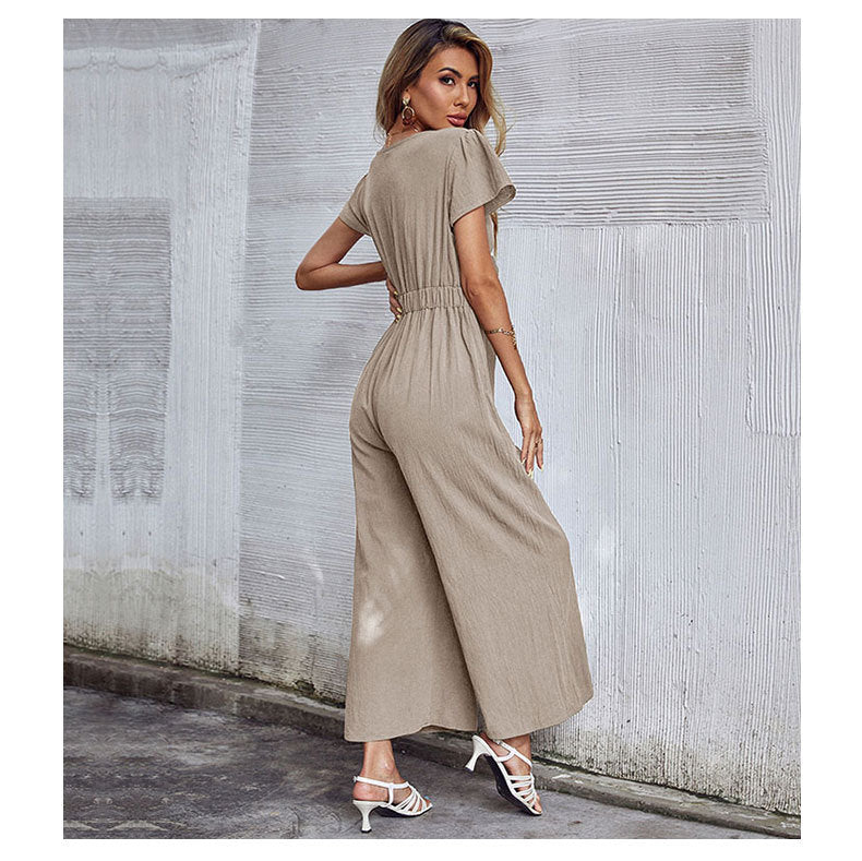 NTG Fad New Casual Cotton and Linen Sexy Hollow V-neck Nine-point Wide-leg Jumpsuit