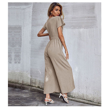 NTG Fad New Casual Cotton and Linen Sexy Hollow V-neck Nine-point Wide-leg Jumpsuit