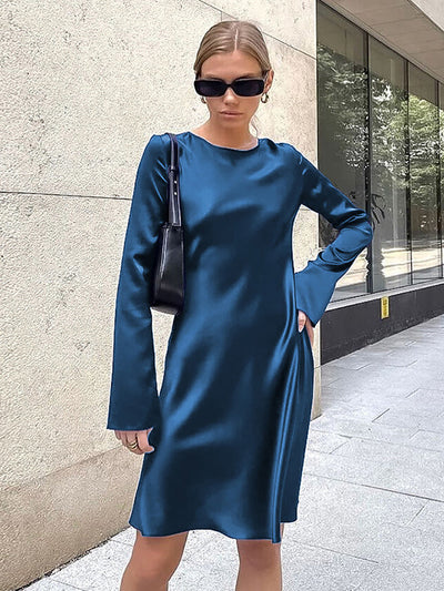 NTG Fad New Women's Satin Silk Elegant Long Sleeve Knee Length Evening Party Dress