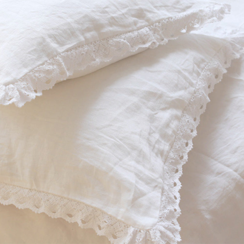 NTG Fad One Piece Elegant White Cutwork Lace Pure Linen Matching Pillowcase Bedding Crochet Eyelet Ruffled Sham Pillow Cover TJ3962