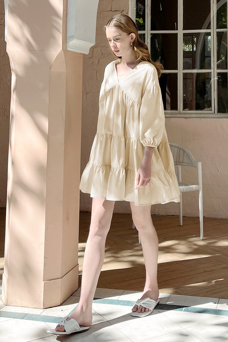 NTG Fad One Size / Apricot Gentle Summer V-Neck Sweet Puff Sleeve Dress